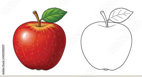 Crisp Apple Duo: A vibrant red apple next to a detailed outline, a perfect representation of freshness, health, and the art of contrasts.
