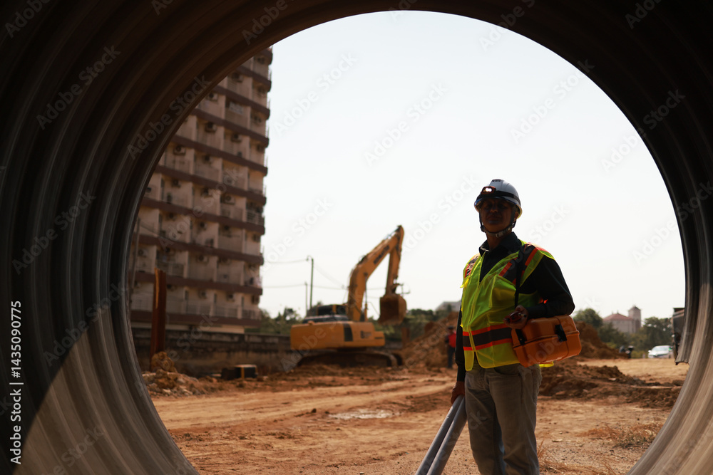 Fototapeta premium A Male Project engineer holds drawing work inside a huge pipe of an infrastructure project
