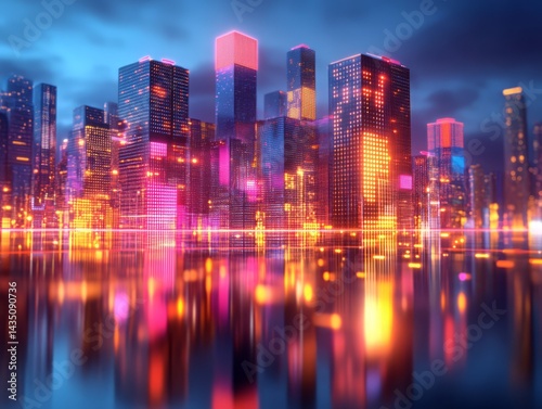 Urban Symphony: A dazzling cityscape illuminated by vibrant neon lights, reflecting in the calm water below, creating a captivating futuristic panorama.