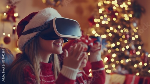 Delighted young girl experiences immersive virtual reality on Christmas morning