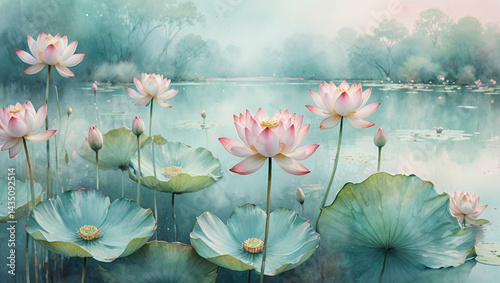Serene Water Lily Pond Watercolor Painting of Pink and White Lotus Flowers