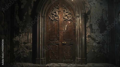 Grand Wooden Door with Ornate Gothic Details