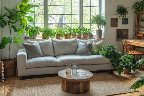Light-filled living room with a comfortable sofa and plants. photo