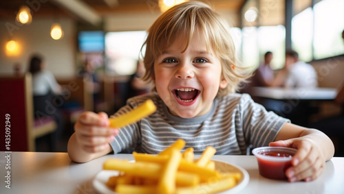 Joyful Taste: A charming child enjoys a plate of french fries, holding one up with delight, the warmth of happiness, and sharing a candid moment of pure joy.