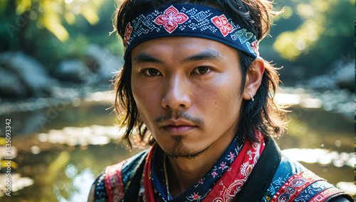 Portrait of a Young Asian Man with Traditional Headband near a Calm River