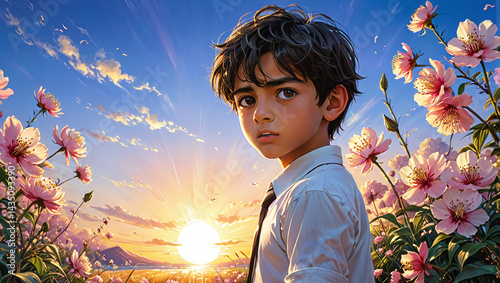 Young Boy in Cosmos Flower Field at Sunset Digital Painting