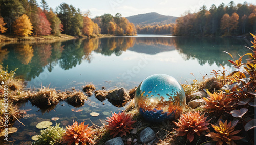 Autumnal Serenity Glass Orb Reflecting Fall Foliage and Tranquil Lake