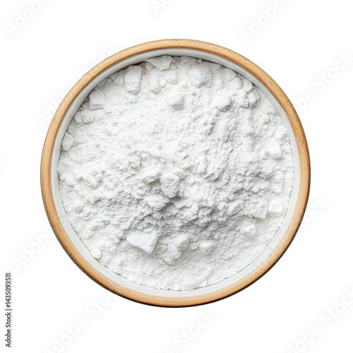 a close-up view of a bowl filled with a fine. white powder. set against a soft mint green background the texture appears light and fluffy. suggesting it could be a cooking ingredient. such as flour or