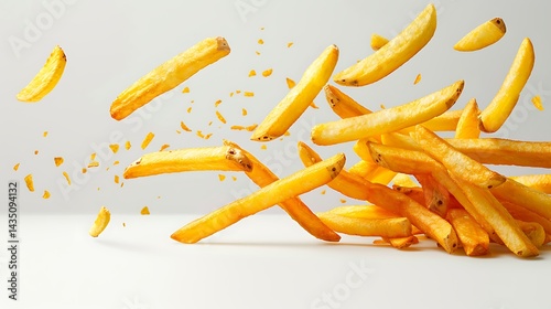 French fries flying in air, isolated on white background. Potato chips floating.