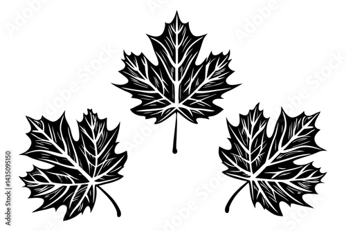 Three simple, symmetrical black maple leaf silhouettes arranged horizontally on white.