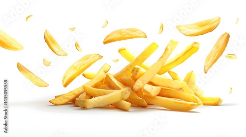 French fries flying in air, isolated on white background. Potato chips floating.