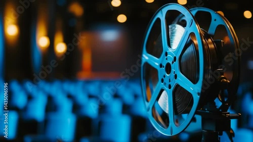 Blue film reels are displayed in front of rows of blue empty chairs in a blurred auditorium for filmmaking presentations