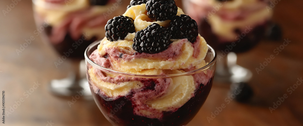 Fototapeta premium blackberry and lemon curd fool in a wine glass,