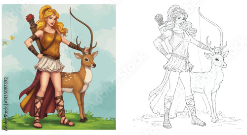 Goddess Artemis with Fawn: Digital illustration featuring the Greek goddess Artemis, a huntress, standing confidently with a fawn. Both colored and line art versions are included.