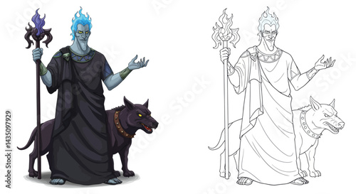 Hades and Cerberus: A striking illustration showcases the Greek God Hades alongside Cerberus, the fearsome guardian of the Underworld. Explore the mythological world, embodying power and mystery.