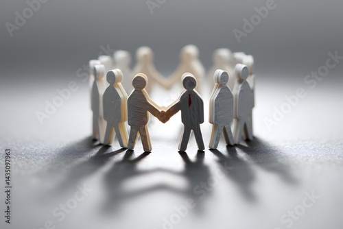 Papierfiguren im Kreis beim Handschlag als Symbol für Zusammenarbeit und Teamwork

