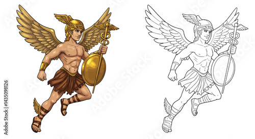 Hermes Illustration: A dynamic depiction of Hermes, the Greek messenger god, showcasing his iconic winged helmet and sandals, bearing his caduceus and shield.