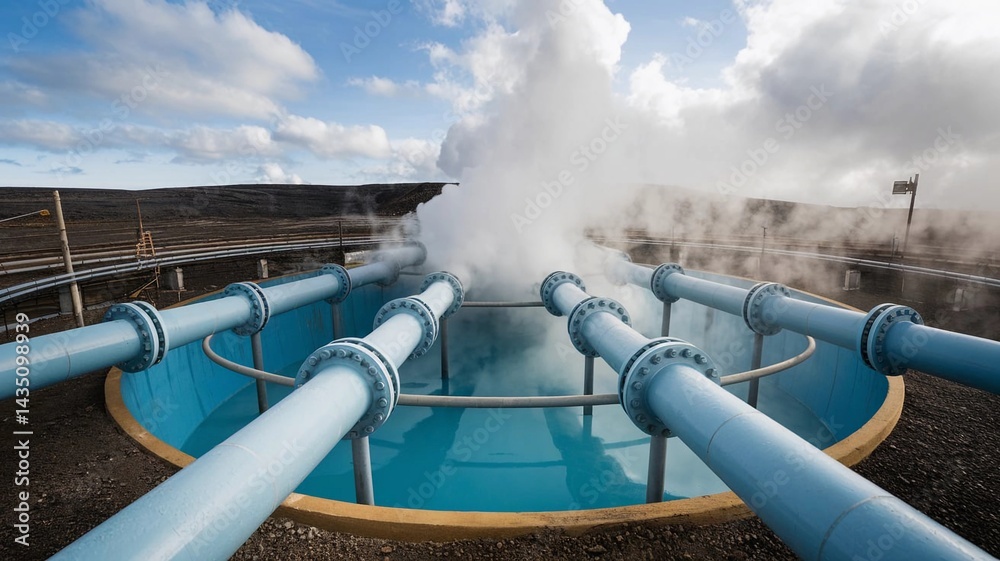 Industrial Geothermal Power Plant Emitting Steam Against Mountain Background
Industrial Geothermal Power Plant Emitting Steam Against Mountain Background