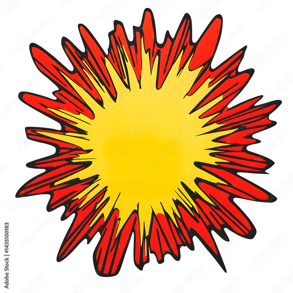 Naklejka premium A cartoon explosion with a yellow center and red jagged edges on a black background illustration