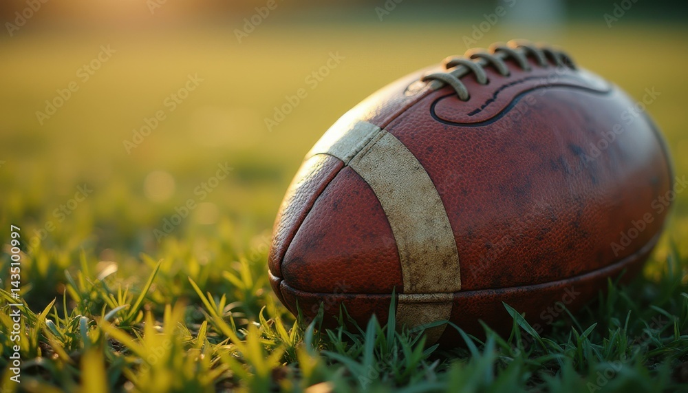 Obraz premium Rustic Leather American Football on Lush Grass - Golden Hour Sports Equipment Close-Up