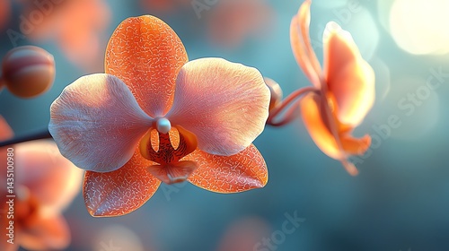 Close-up of a vibrant orange orchid flower blooming with soft bokeh background, symbolizing beauty