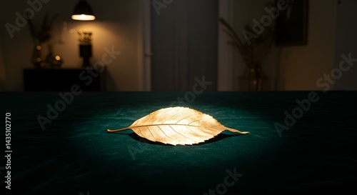 Dried golden leaf illuminated on teal fabric