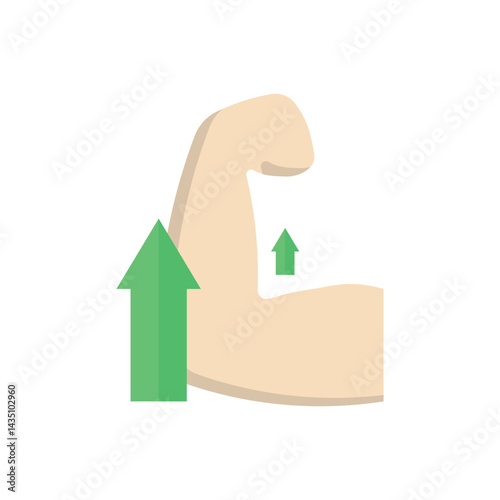 Muscular arm with upward arrow icon, symbolizing muscle growth, fitness progress, and personal development. Suitable for gym, bodybuilding, and health improvement topics.