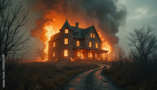 Wallpaper Mural Dramatic Illustration of an Old House Engulfed in Flames, with a Sinister Moody Sky and a Path Leading to the Inferno. Torontodigital.ca