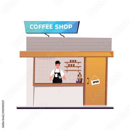 Illustration of a cafe with a barista making coffee