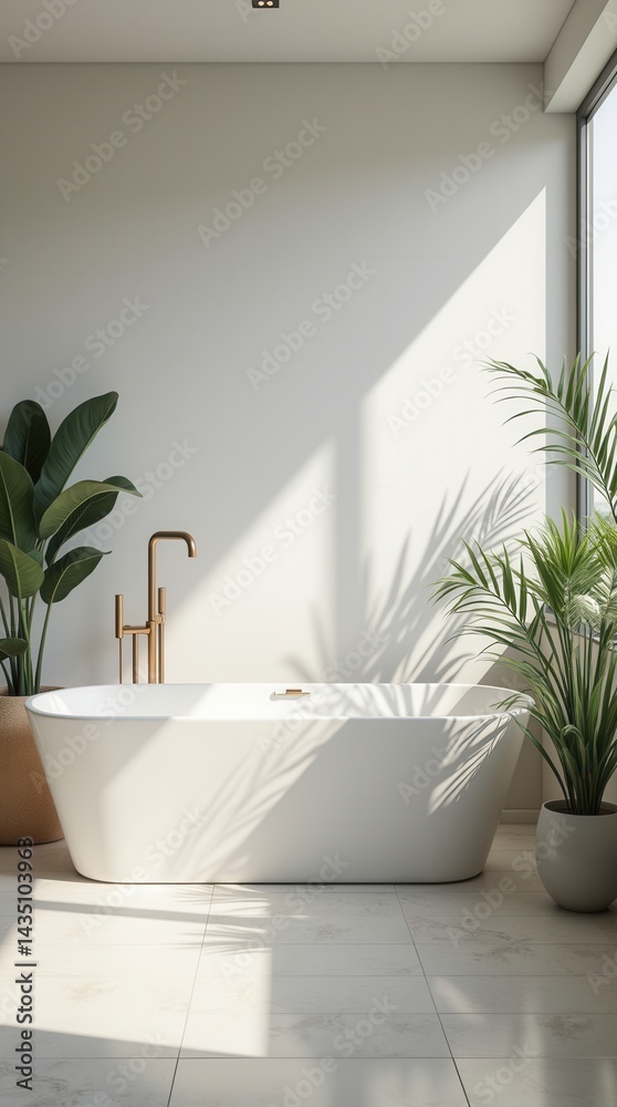 Serene minimalist bathroom with freestanding tub and indoor plants