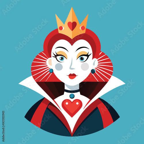 Alice in Wonderland Queen of Hearts clipart. The image shows a stylized depiction of the Queen of Hearts with a crown and a high collar. Vector illustration design.