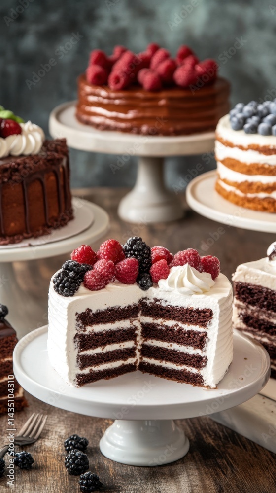 Delectable chocolate layer cake adorned with fresh berries and creamy frosting on a rustic wooden table capturing the essence of a bakery delight with a soft focus Delectable chocolate layer cake adorned with fresh berries and creamy frosting on a rustic wooden table capturing the essence of a bakery delight with a soft focus