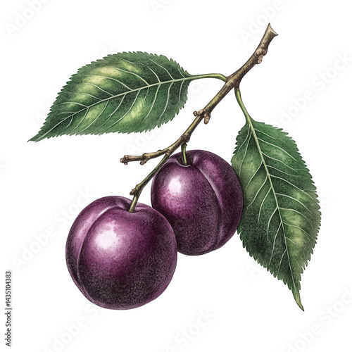 detailed illustration of two ripe purple plums hanging from a branch. accompanied by green leaves the artwork highlights the natural beauty and texture of the fruit. making it suitable for educational