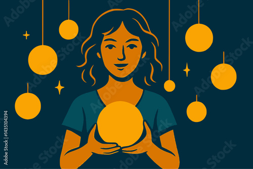 Woman manifesting and pulling bubbles of thoughts, law of attraction, telekineses or manifestation concept	
