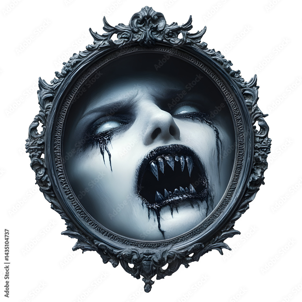 Naklejka premium A vampire with sharp teeth in an ornate mirror with dark tears on a black background looking up