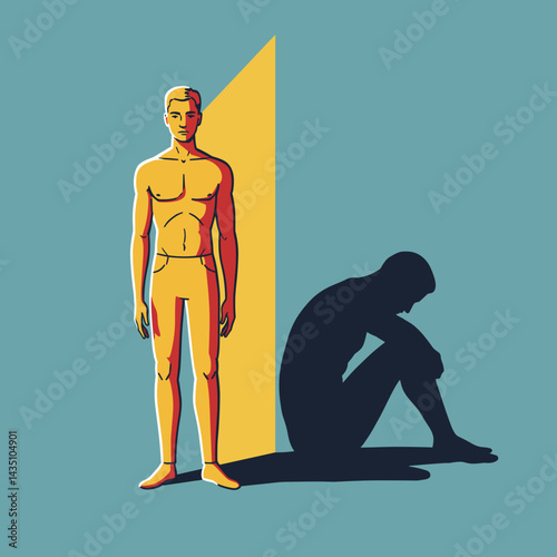 Man standing confidently with shadow of sadness behind  