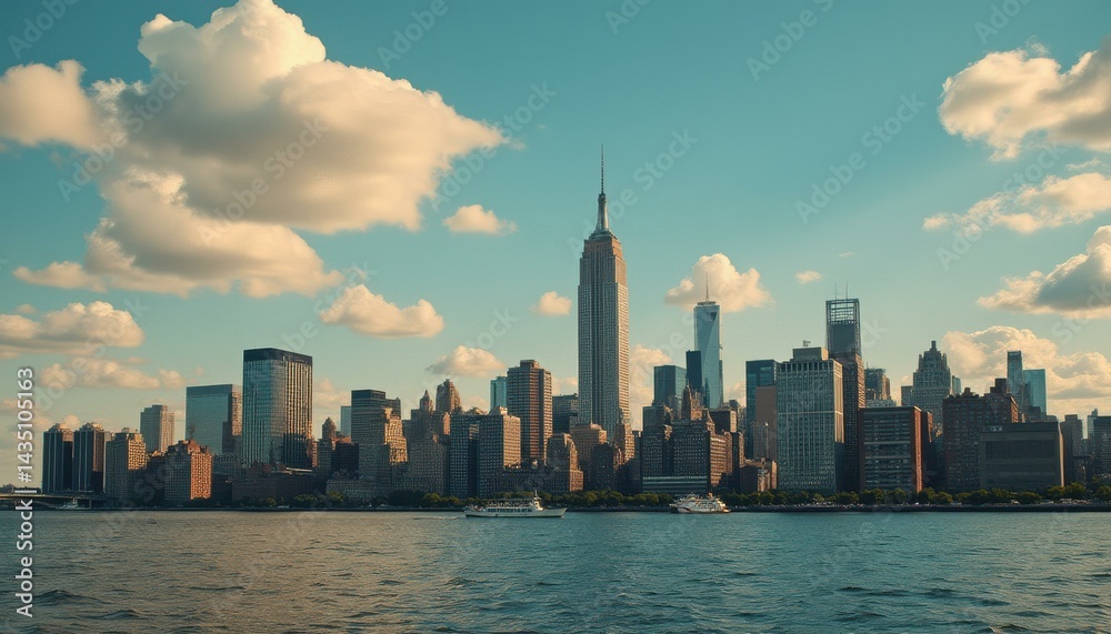 Fototapeta premium Metropolitan cityscape against a serene sky and tranquil water with towering buildings in warm light