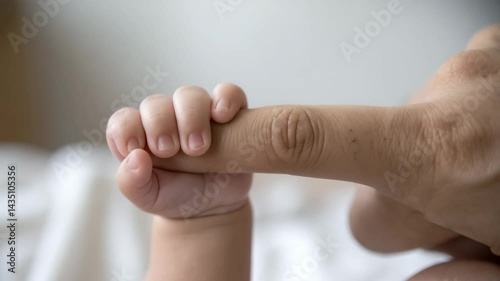 Tender Touch: A newborn's tiny hand clutches the finger of an adult, symbolizing a beautiful bond of tenderness and love. This close-up shot encapsulates the purity and innocence of a baby's touch.