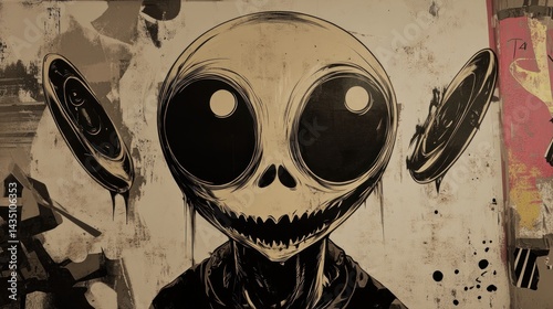 Alien Skull Graffiti Art: Sepia-toned Cartoon Extraterrestrial with Flying Saucers photo