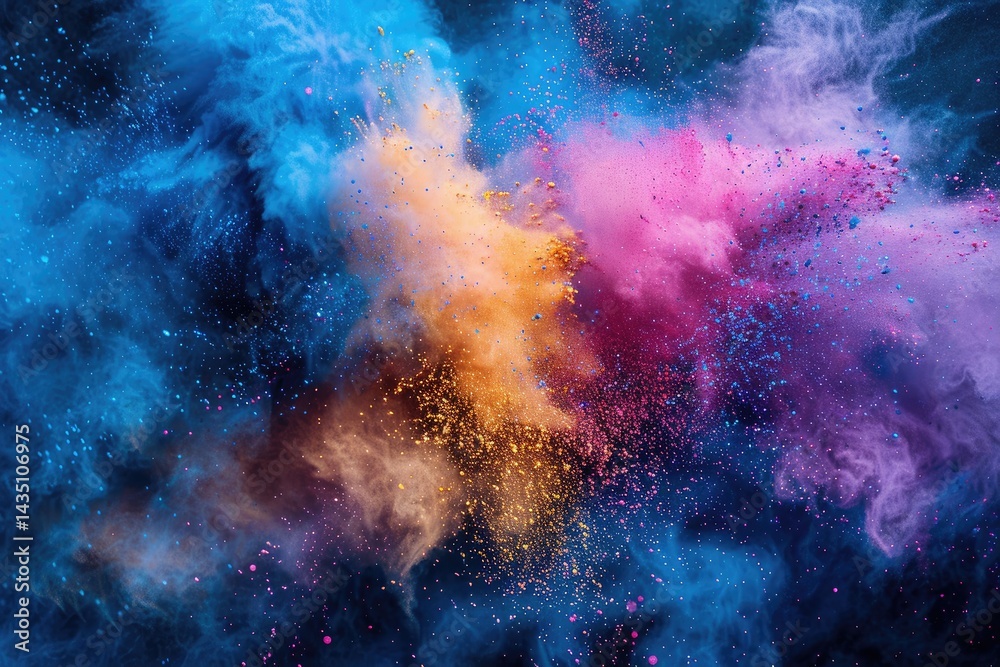 Obraz premium bright multicolor rainbow holi paint powder explosion on black background Aerial