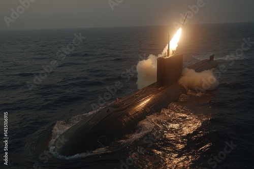 Nuclear war. Launch of a nuclear ballistic intercontinental missile from submarine. The submarine propels its nuclear weapon upward, marking a critical moment in human conflict.
