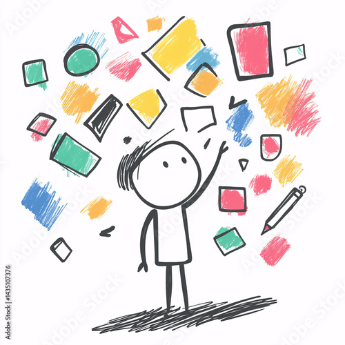 Stick figure contemplating colorful shapes and patterns in a creative illustration, trying to make a decision.