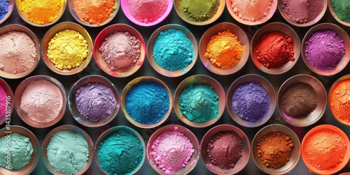 Colorful holi powder filling small bowls placed on a carpet