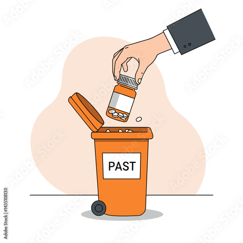 Hand discarding medication into a trash can labeled "PAST"  