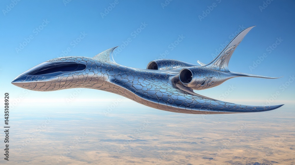 Naklejka premium Snake-inspired airplane with an elongated, flexible body and detailed scales, soaring through a clear blue sky