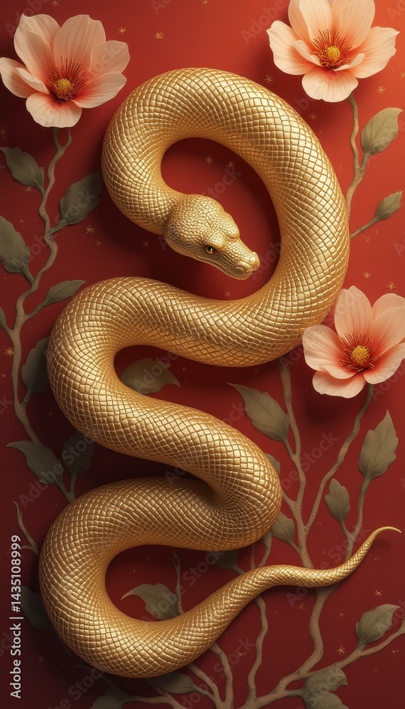 Fototapeta premium Elegant Golden Snake with Pink Flowers on Red Background: Symbol of Prosperity and Renewal
