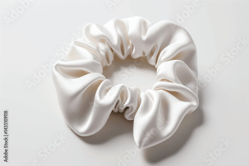 White Satin Scrunchie Hair Accessory on White Background