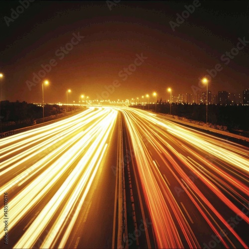 Dynamic urban expressway at night showcasing light trails and city skyline under a dark sky creating a sense of speed and modern transportation infrastructure