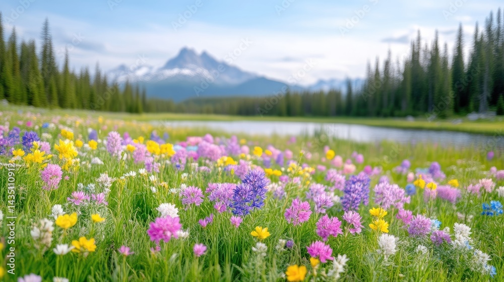 Obraz premium Vibrant wildflowers bloom beside a serene mountain lake. A picturesque meadow bursts with color against a backdrop of towering peaks and lush forest