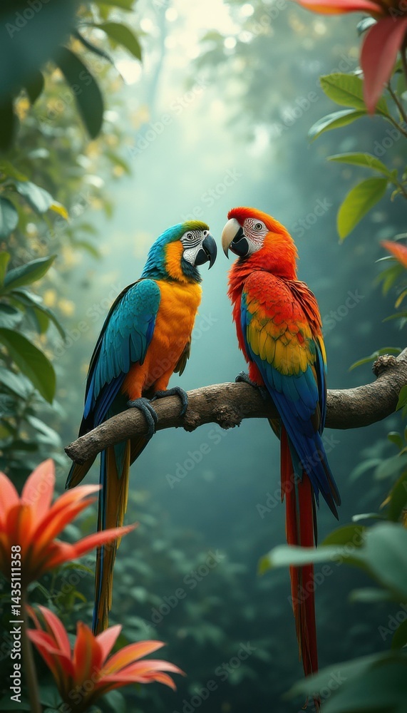 Obraz premium Vibrant Macaws Perched on Branch in Lush Rainforest Setting